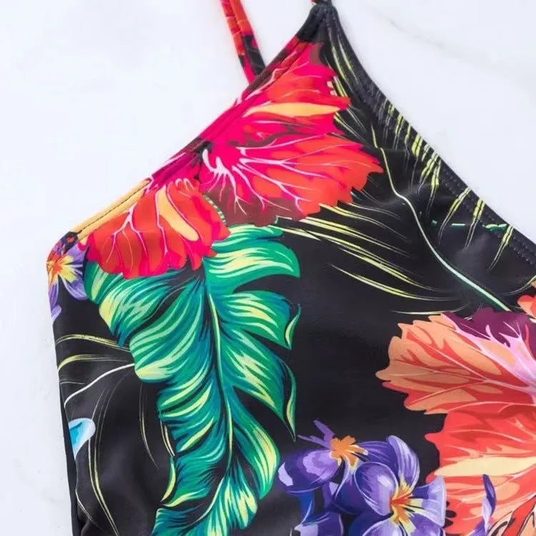 Women's high waist briefs printed split bikini in black colour for sports activities