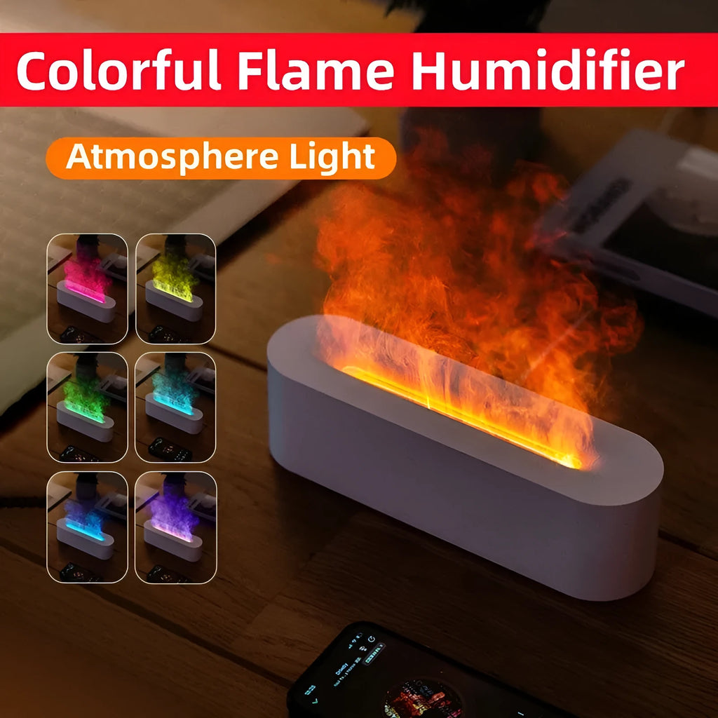 White square plastic flame aroma diffuser humidifier with LED lights and water vapour mist.