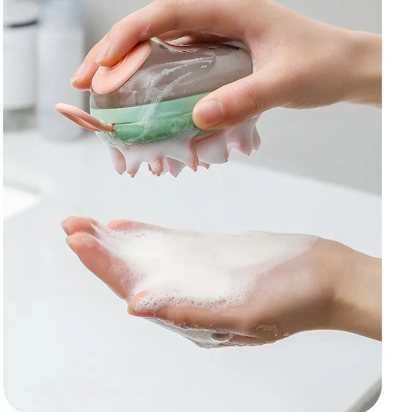 2 in 1 pet bath brush with shampoo dispenser, silicone massage head, non-slip grip, blue or green, 85g