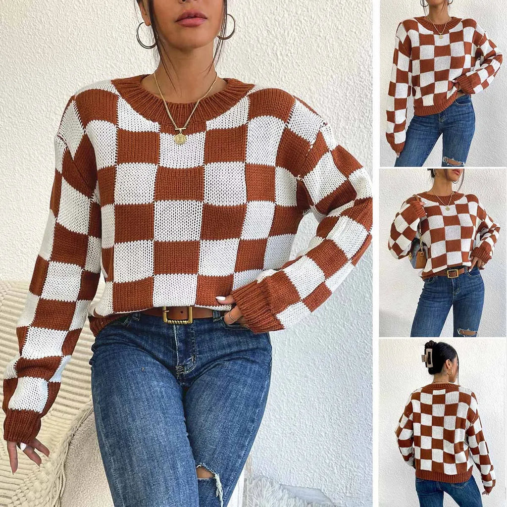 Dark brown plaid women's loose pullover sweater with round neck and long sleeves.