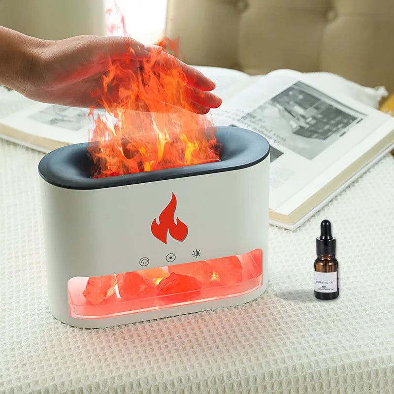 Square desktop flame humidifier with colourful 3D flame effect and crystal salt stone