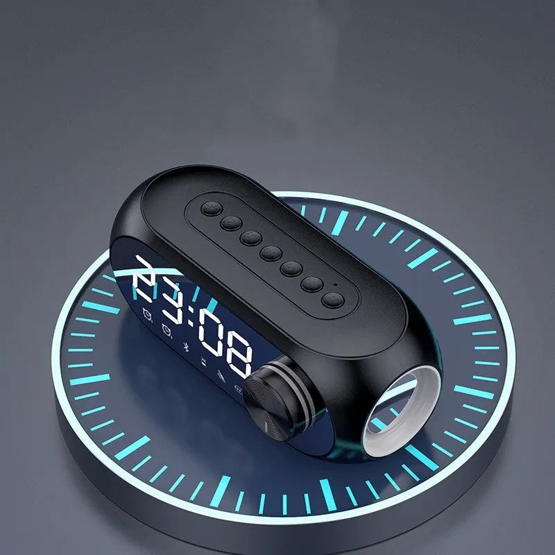 Extra bass portable mini clock Bluetooth speaker in black, blue, or white with USB charging cable.