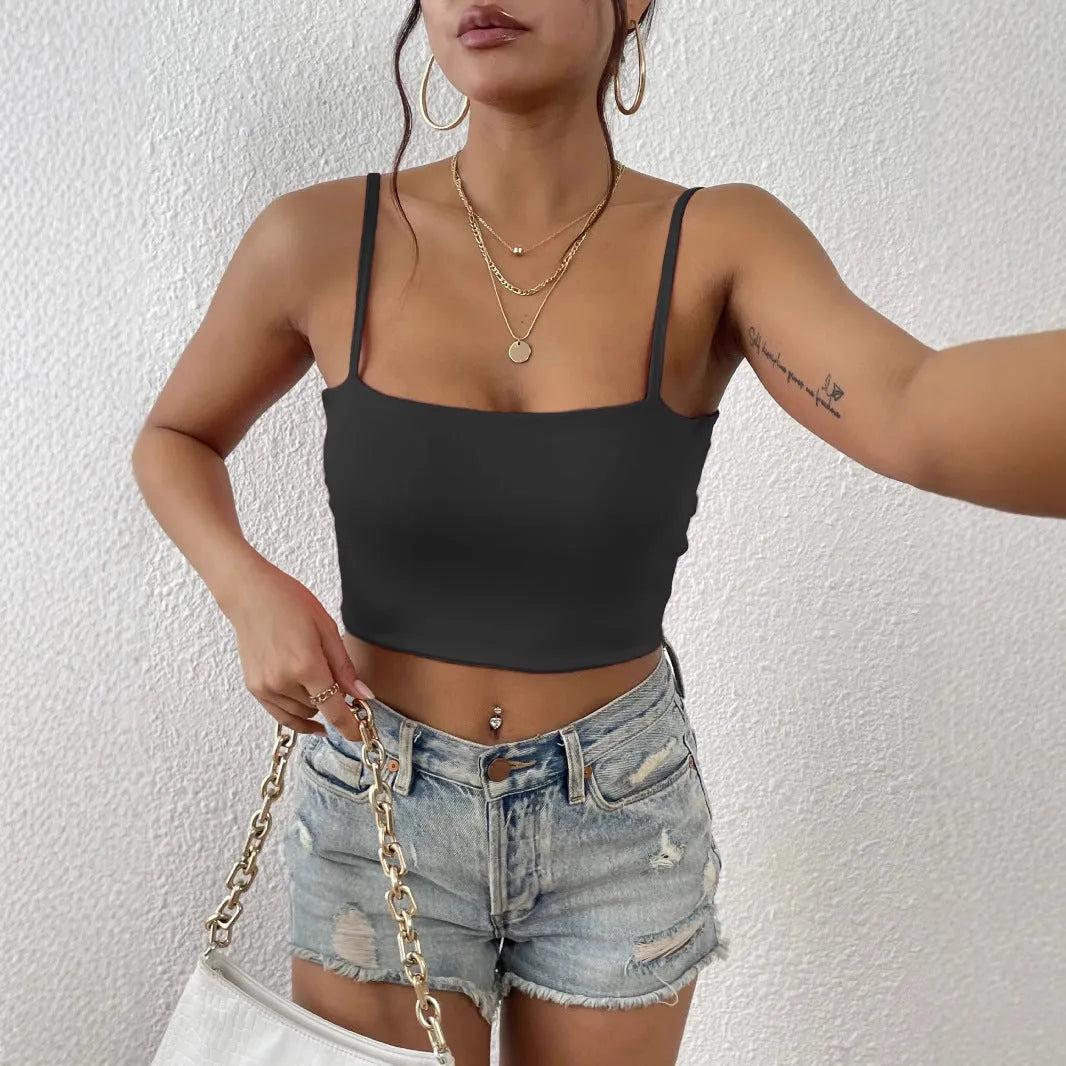 Women's crop top with camisole inside and outside, solid colour polyester vest, slim fit street style