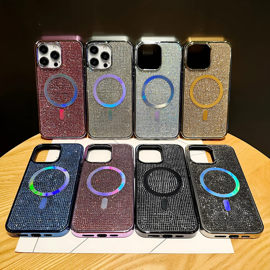 Rhinestone electroplated TPU phone case for iPhone 15 Pro Max in diamond magnetic suction black