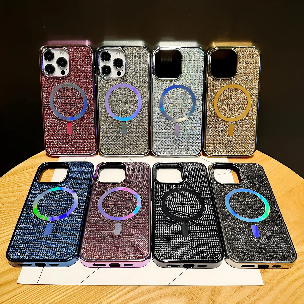 Rhinestone electroplated TPU phone case for iPhone 15 Pro Max in diamond magnetic suction black