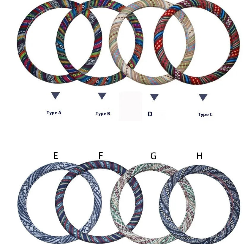 Ethnic style old coarse cloth car steering wheel cover with textured weave, 38cm fit