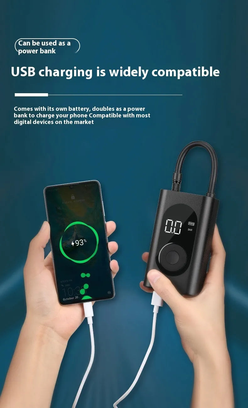 Handheld portable wireless tyre pump with digital display, power bank, and flashlight functions.