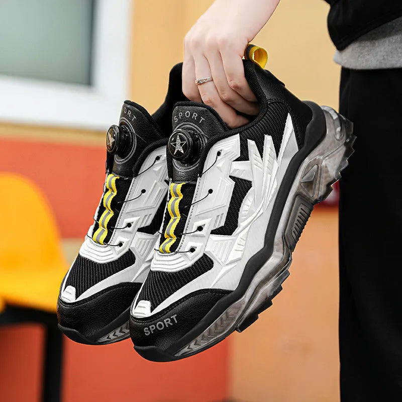 Men's black rotating button dad shoes with platform soles and mesh upper for height-increasing casual wear
