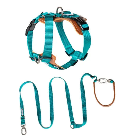 Multifunctional dog rope leash and chest strap set in cardamom red with double-pull connections, imported nylon and Napa PVC leather.