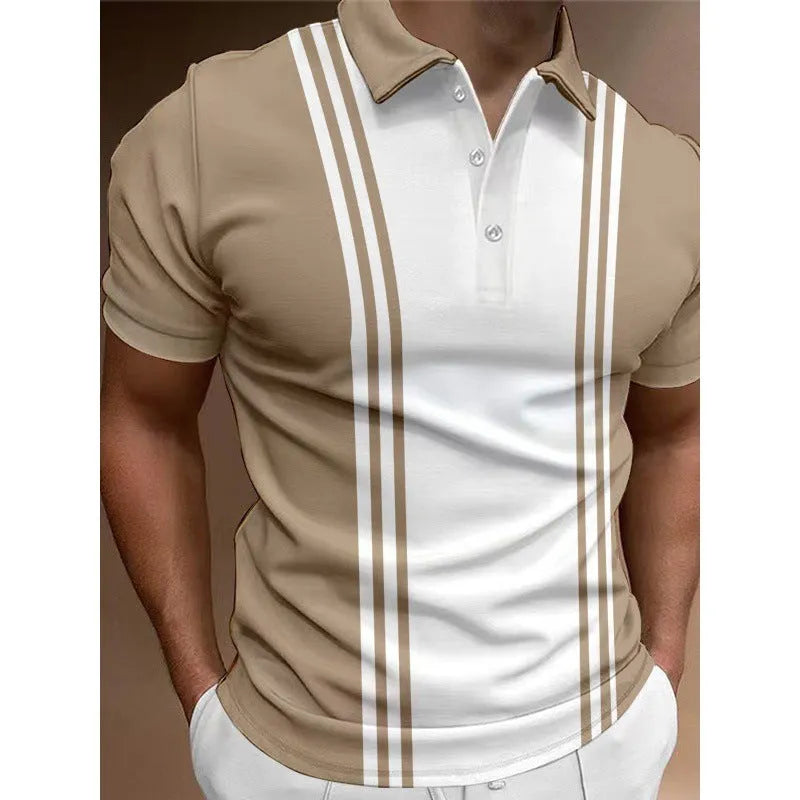 Men's loose-fit casual t-shirt with short sleeves and a printed lapel featuring three buttons.
