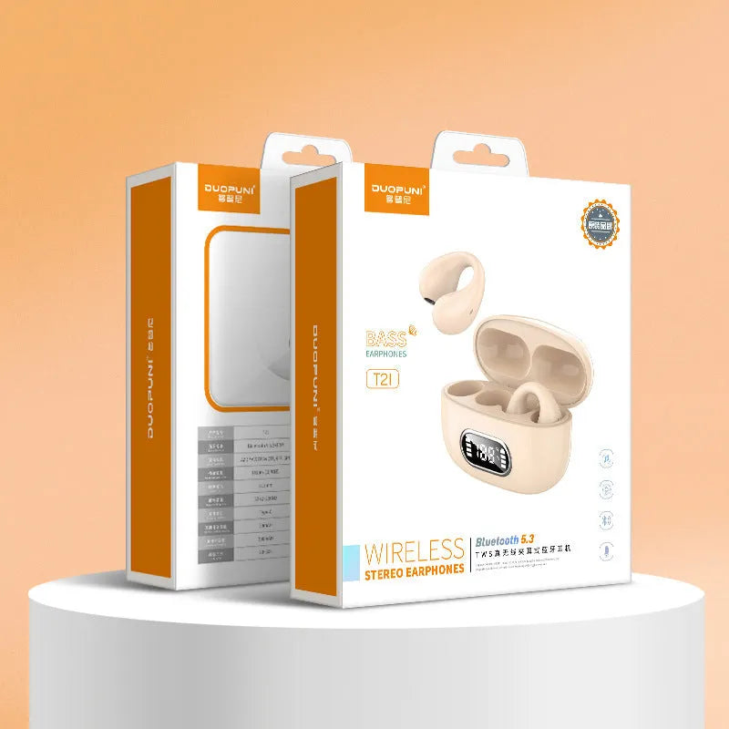 Ear-clip real wireless Bluetooth headset with digital display charging case in black