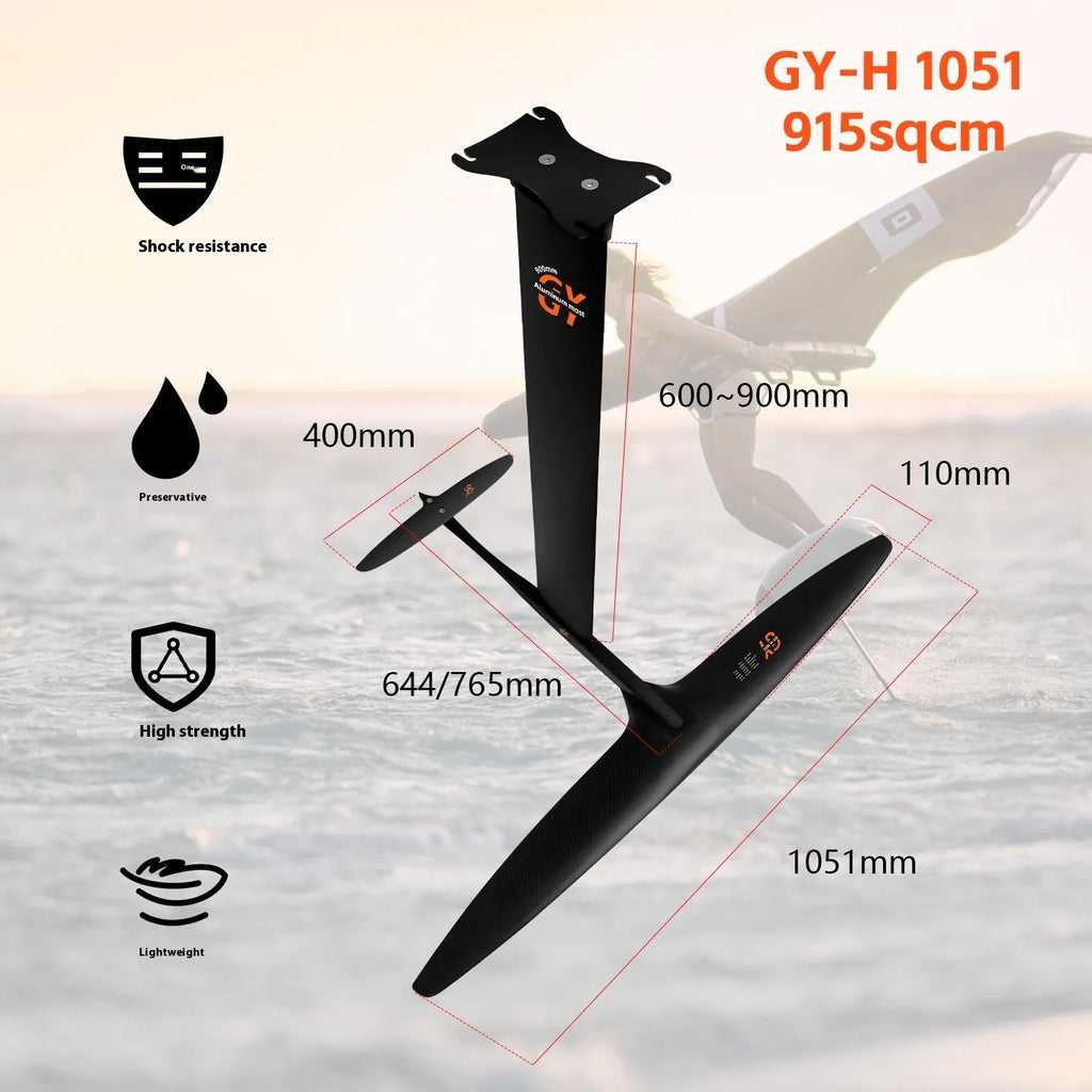 Black carbon fibre hydrofoil surfboard with aluminium mast and large front wing for racing.