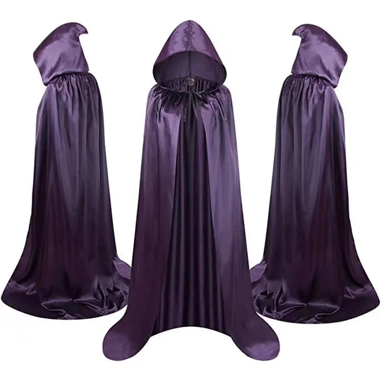 Black satin Halloween cloak with hood for a child, shown with length options.