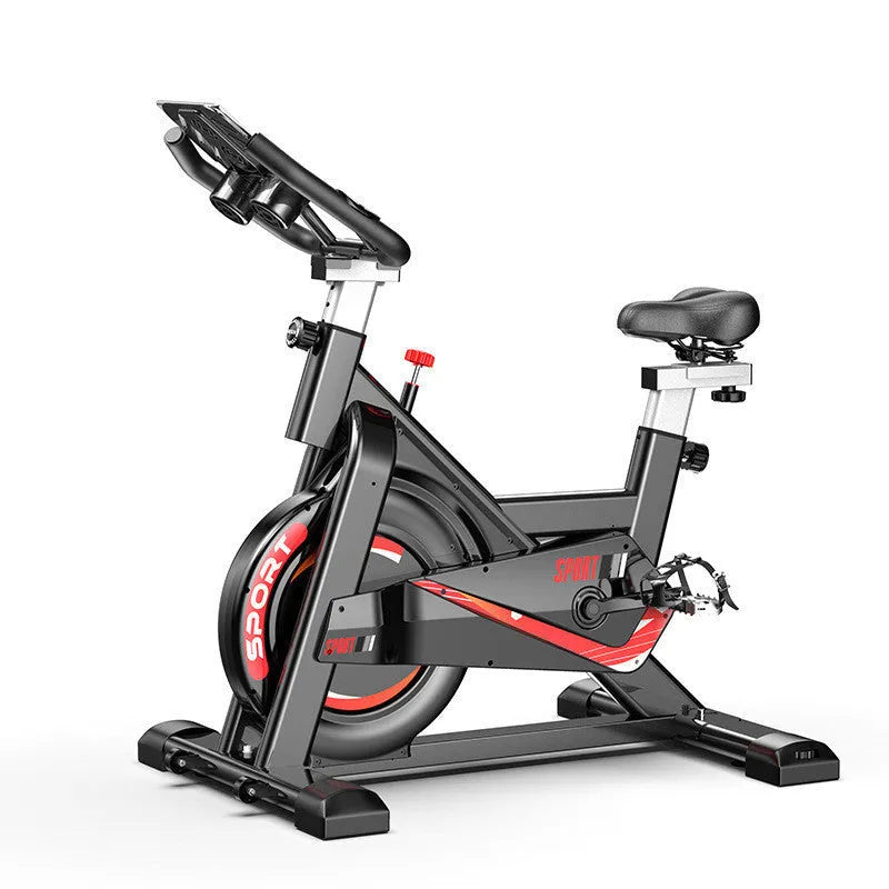 Black upright spinning bike with steel frame and console display for home cardio cycling
