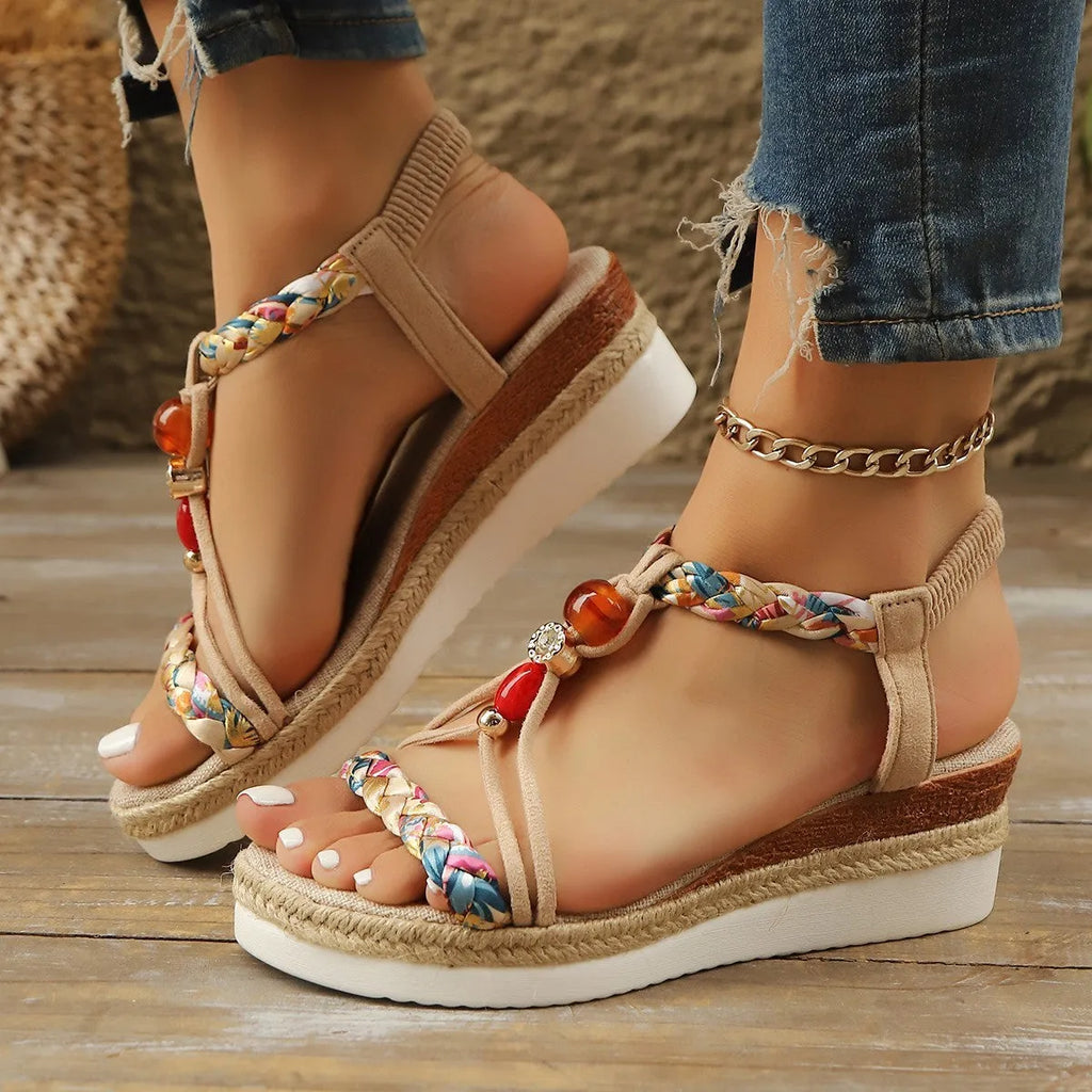 Apricot rhinestone beaded wedge high heels with platform sole, fish mouth toe, and elastic band, sizes 36-43