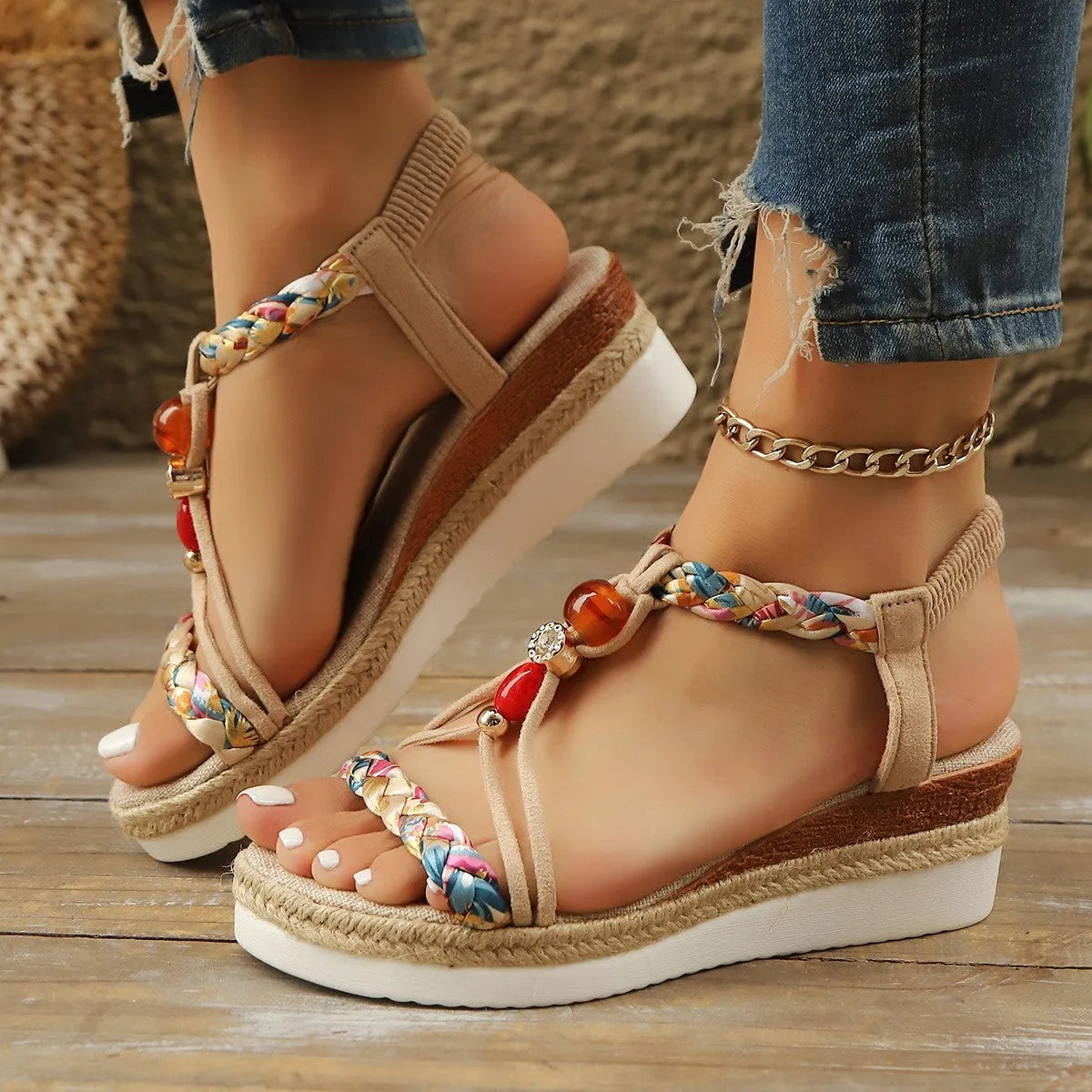 Apricot rhinestone beaded wedge high heels with platform sole, fish mouth toe, and elastic band, sizes 36-43