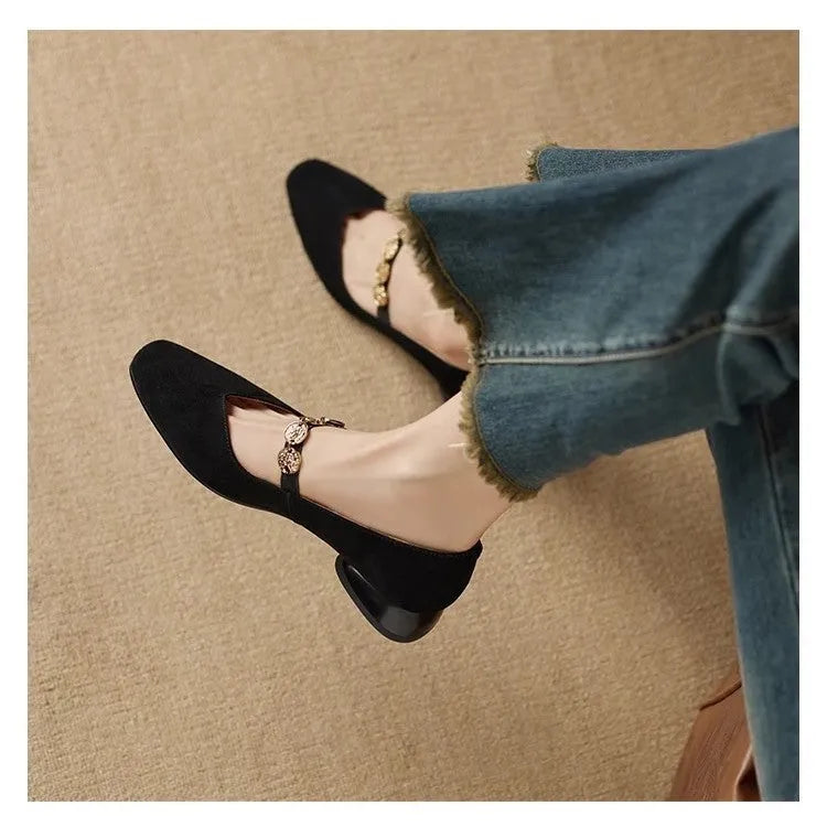 French retro square toe low-cut suede pumps for women in black, low top with rubber sole