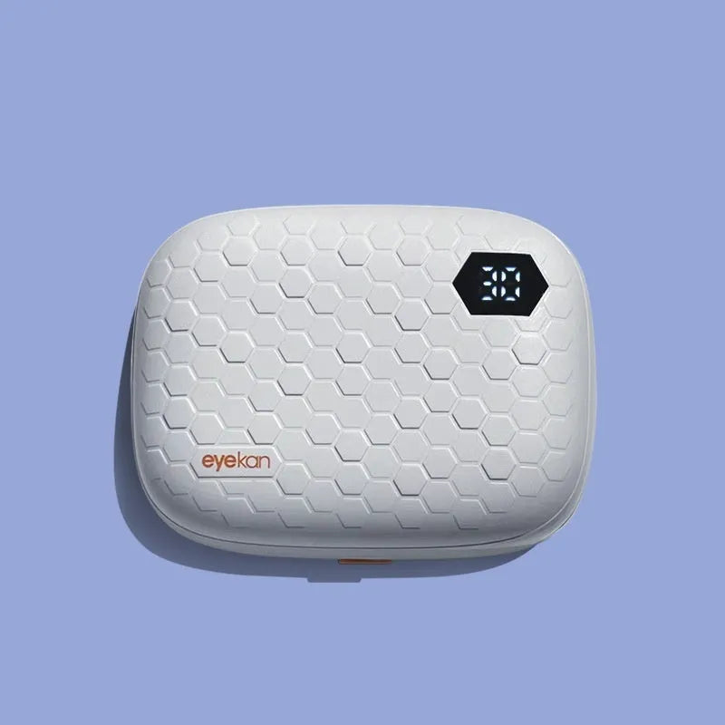 Automatic ultrasonic cleaning machine for glasses in pearl white, blue, or pink.