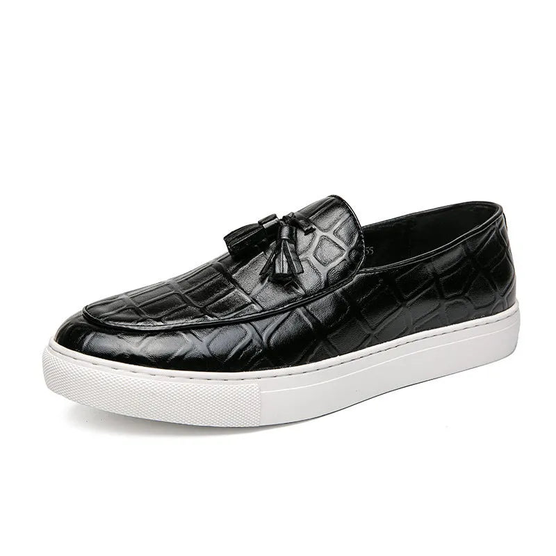Men's black business casual sneakers plus size with tassel and sewing line detail, low top round toe artificial PU leather