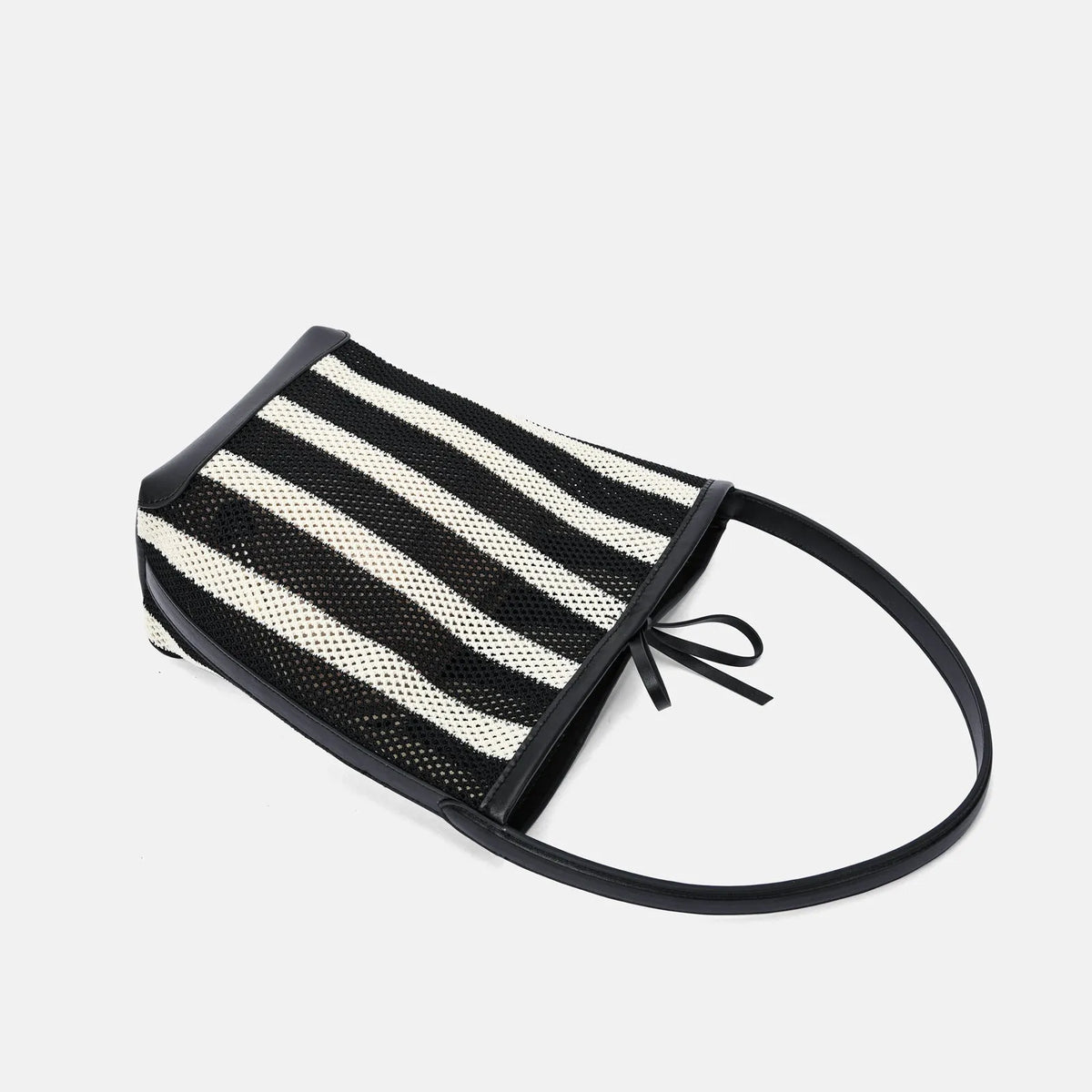 Black and white striped woven fabric women's shoulder bag with bucket style