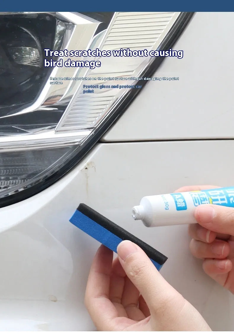 Car repair wax kit with two bottles and a frosted sponge for scratch removal and paint polishing
