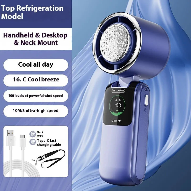 Blue folding neck fan with USB port and adjustable speed buttons, shown both worn and handheld