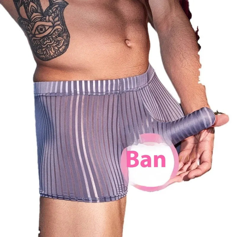 Man's black and white vertically striped boxer briefs laid flat, showcasing the free-size elastic waistband and leg openings.