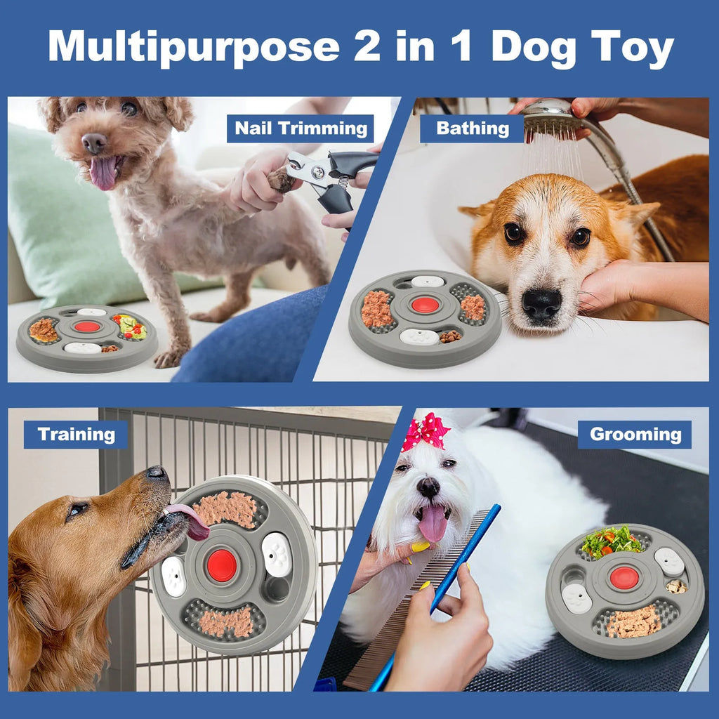 Blue and grey pet slow feeder bowl with anti-slip pads and textured eating surface