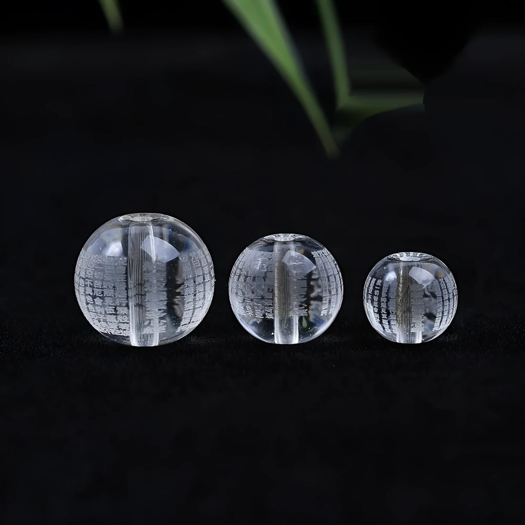 10mm glass prayer beads engraved with Heart Sutra text for Buddhist meditation