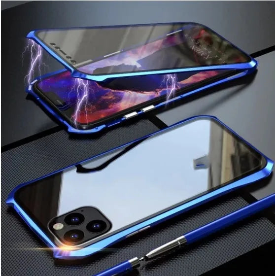 Magnetic glass back cover case for iPhone 11 series in black, blue, red, and silver colours with metal frame