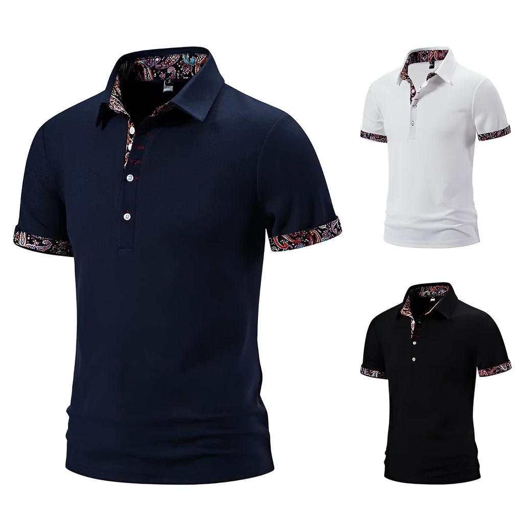 Men's black polo shirt with colour stitching detail on the turnover collar and short sleeves.