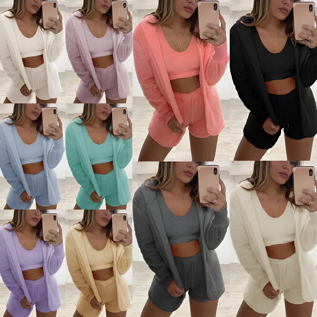 Women's three-piece fashion sports suit set with coat, vest, and shorts in solid mixed colour