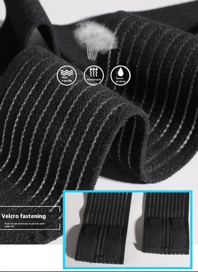 Adjustable black sports bandage for ankle support during running and basketball.