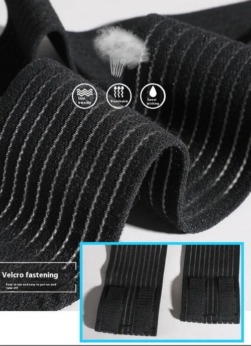 Adjustable black sports bandage for ankle support during running and basketball.