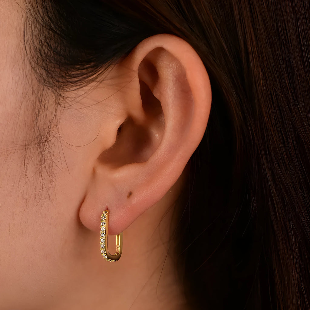 S925 sterling silver oval zircon earrings with geometric quadrilateral design in ear clip style
