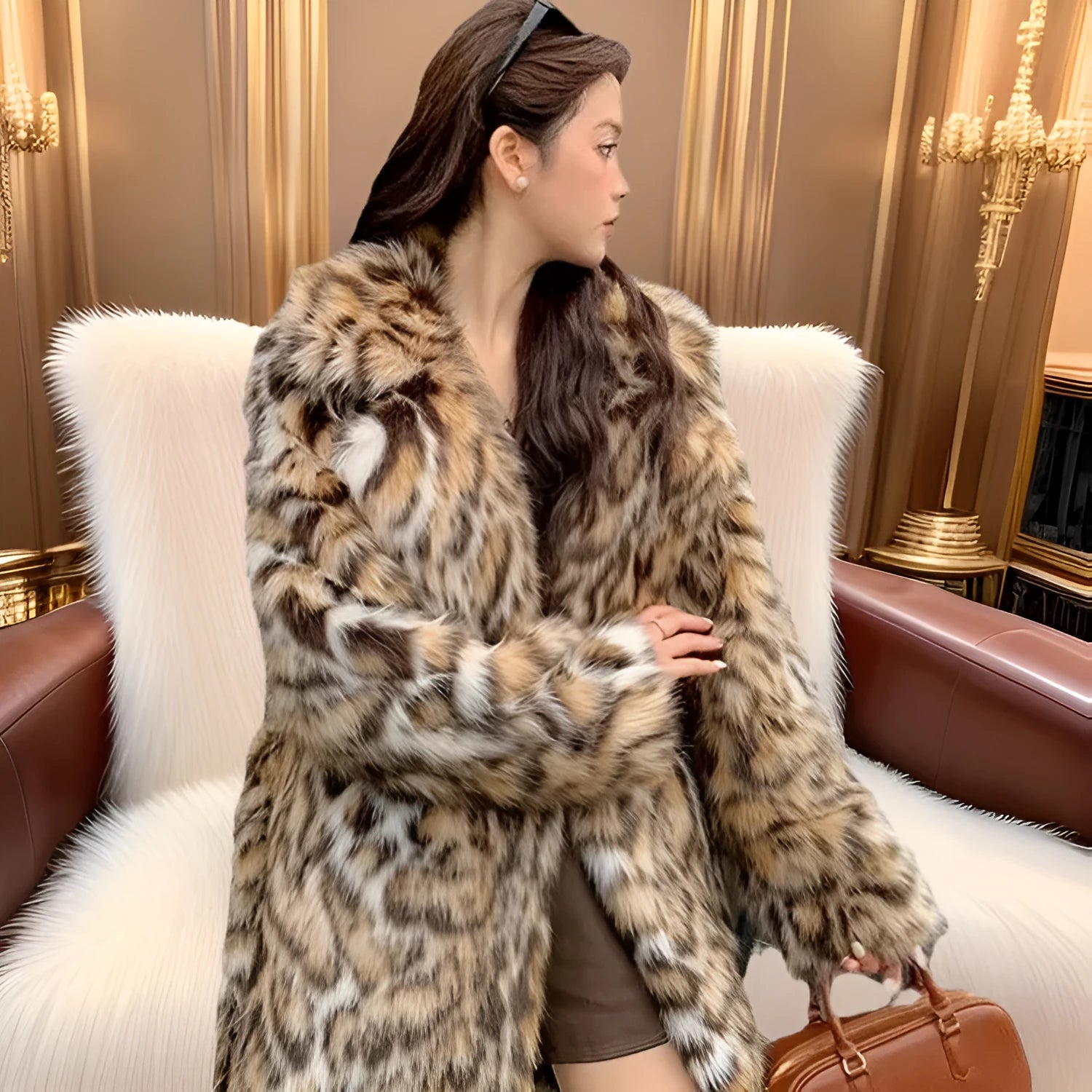 A person wearing a grey faux fur coat with a large fur collar and front pockets, in a street-fashion style.