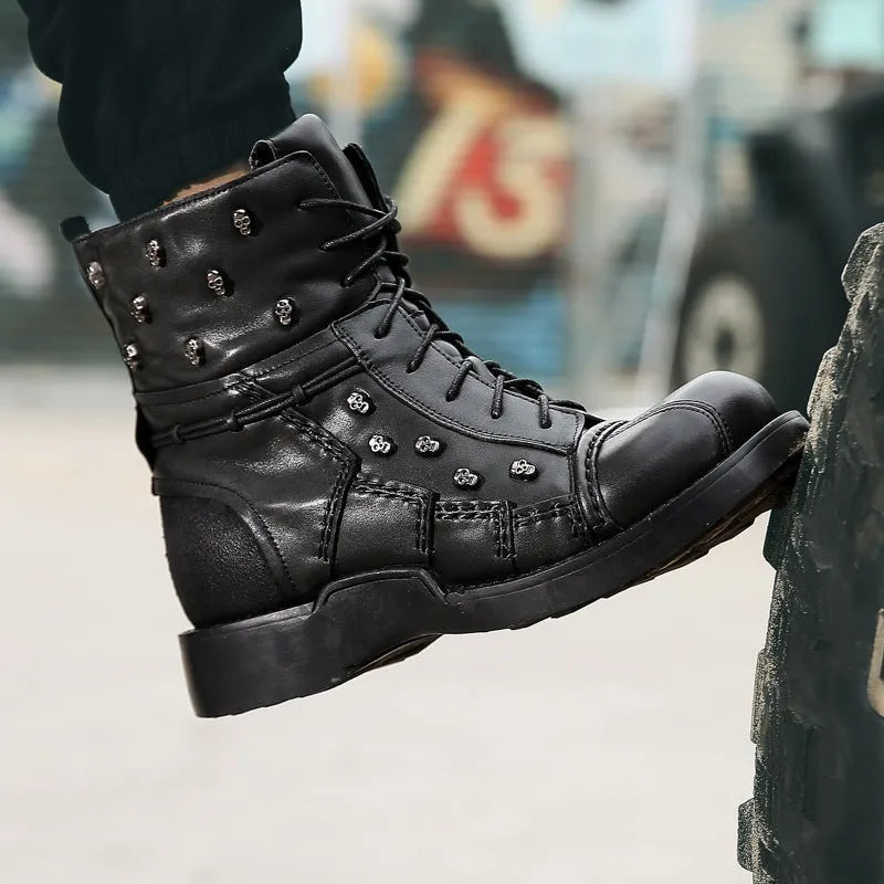 Men's punk Martin boots in first layer cowhide with cotton lining, black or brown, sizes 37-50