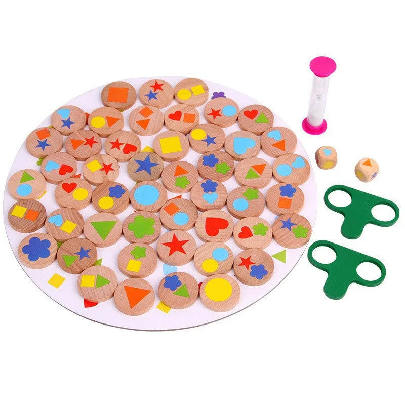Wooden board game shape matching set for children 4-6 in colour box packaging with board and pieces