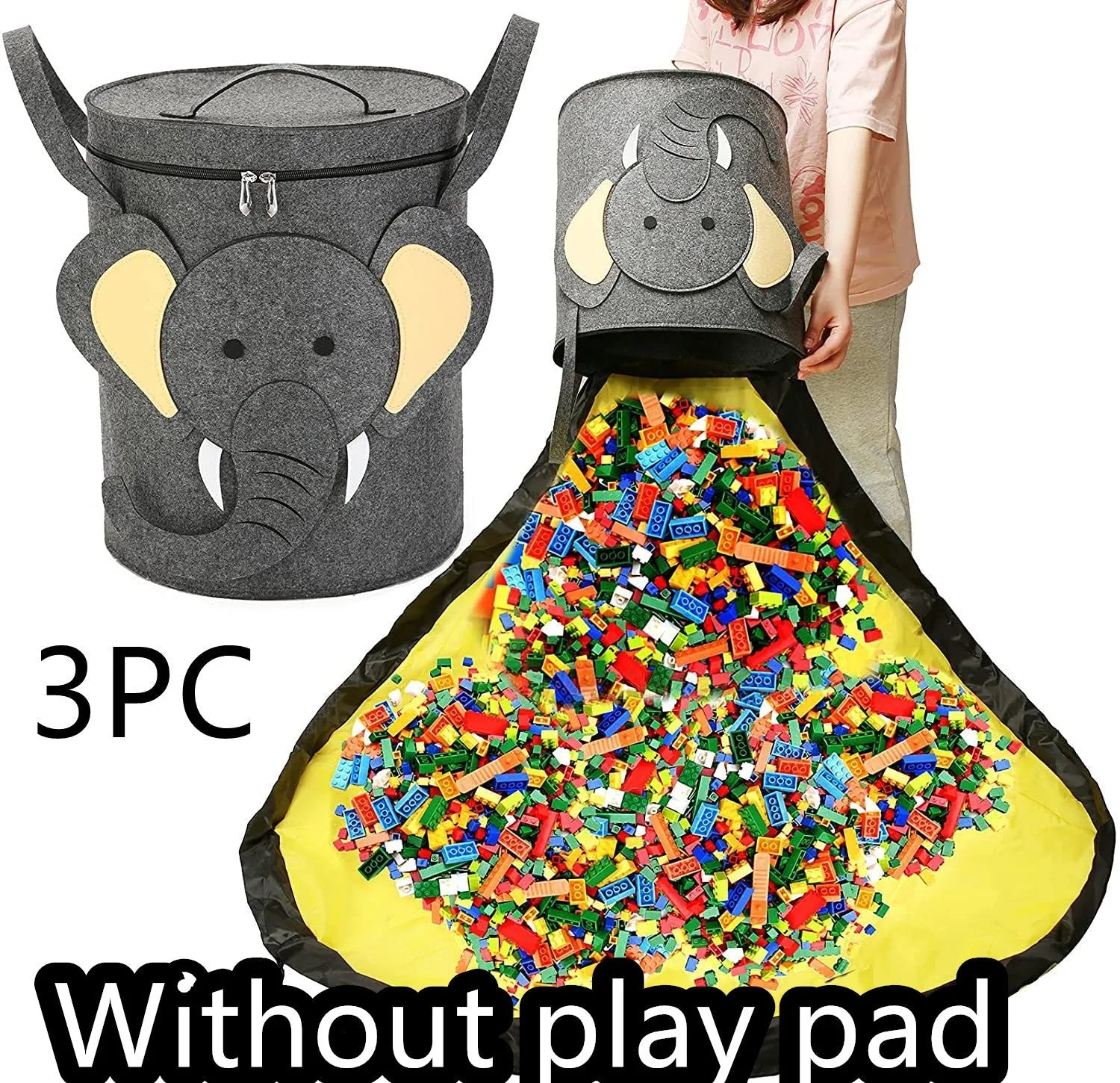 Green felt cube storage bag with pull rope, shown both as a flat play mat and gathered toy bag