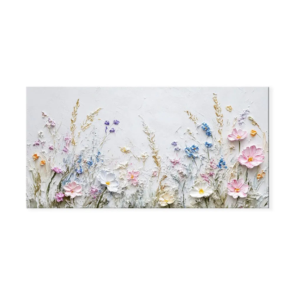 Handmade oil painting canvas wall art with 3D palette knife flowers in modern style, horizontal orientation, frameless and rolled