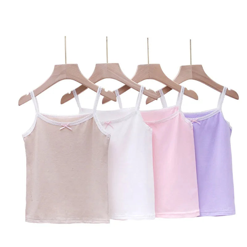 Girls' simple pure cotton lace vest in white with bow detail, suitable for height 100-150cm