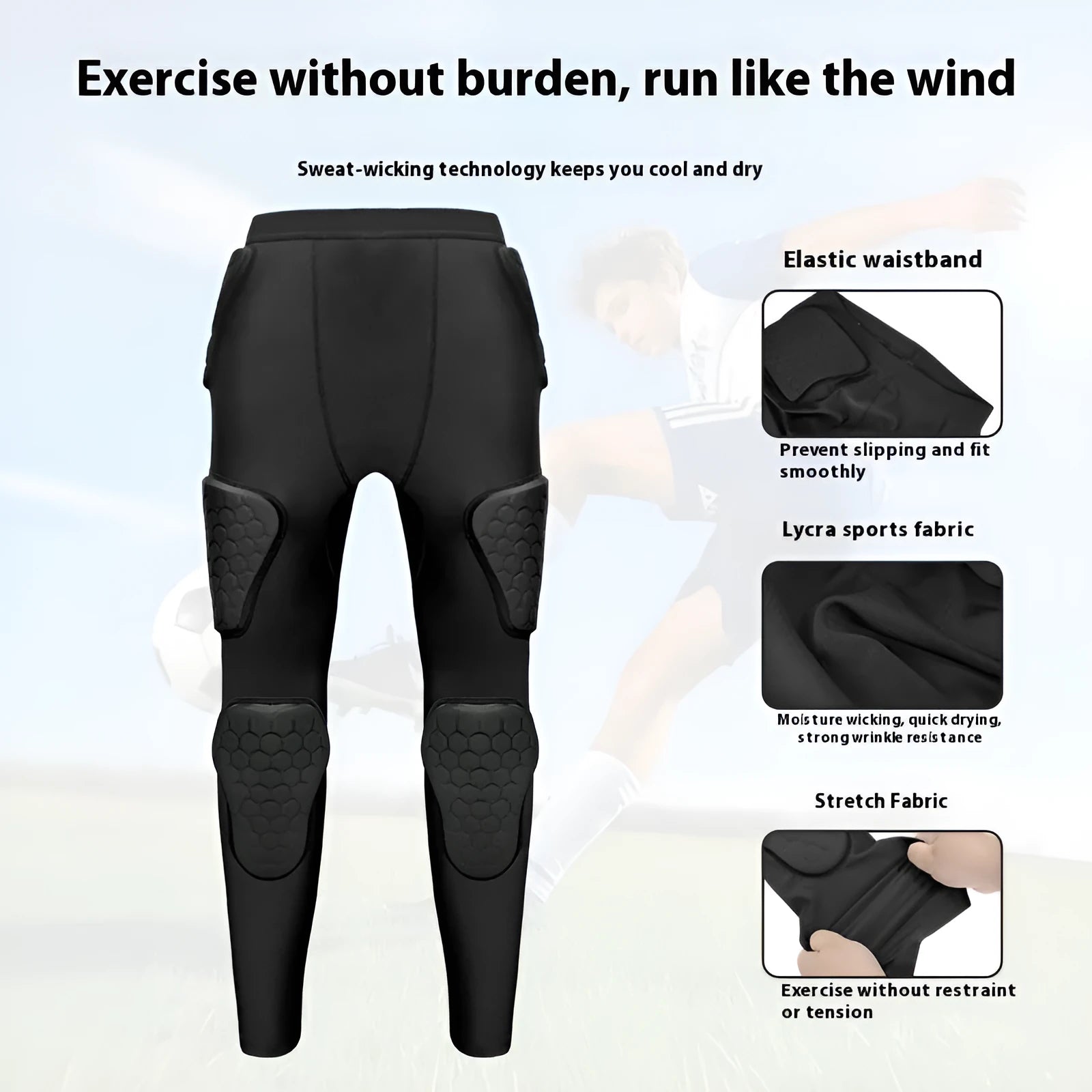 Knee anti-collision compression pants in black with black line for adult sports training