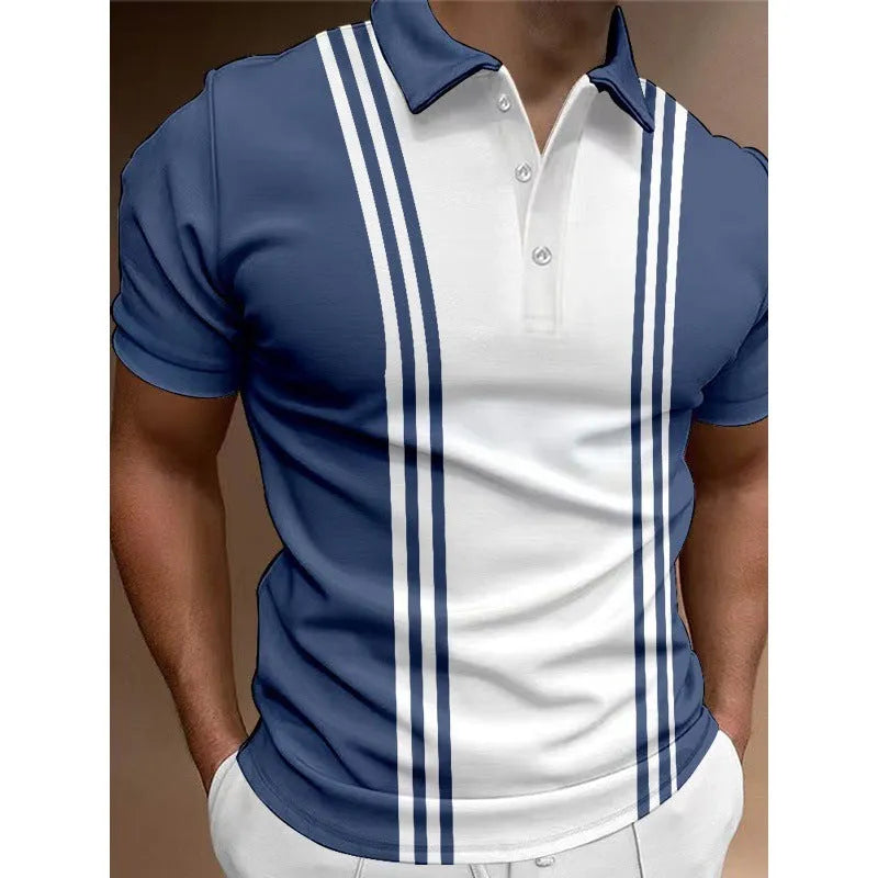 Men's loose-fit casual t-shirt with short sleeves and a printed lapel featuring three buttons.