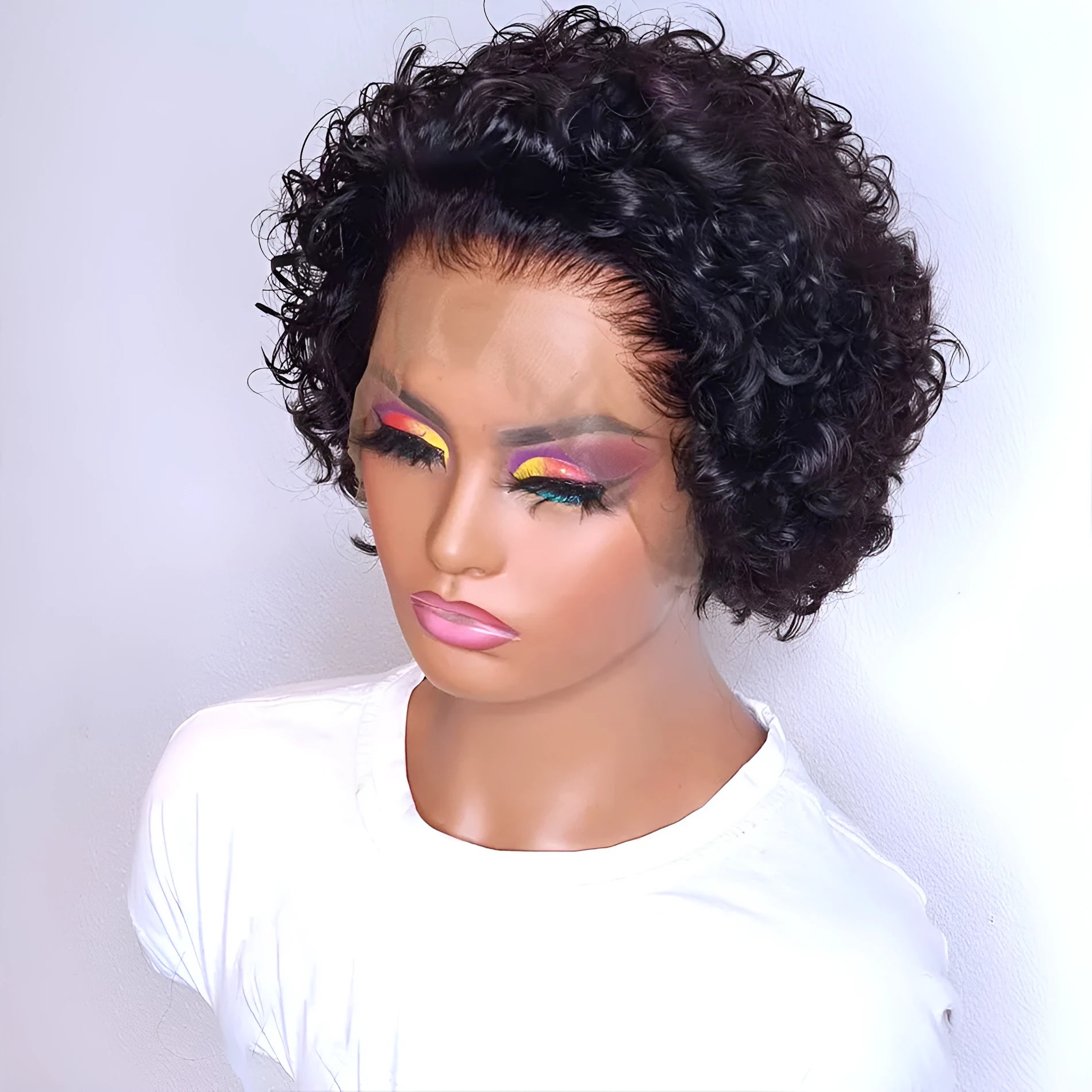 Black human hair lace front wig with pre-plucked 13x1 hairline on a stand, showing natural style.