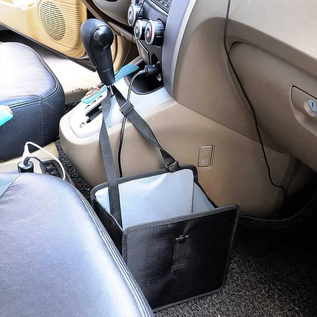 Black waterproof car folding trash can with hanging strap and oxford cloth construction