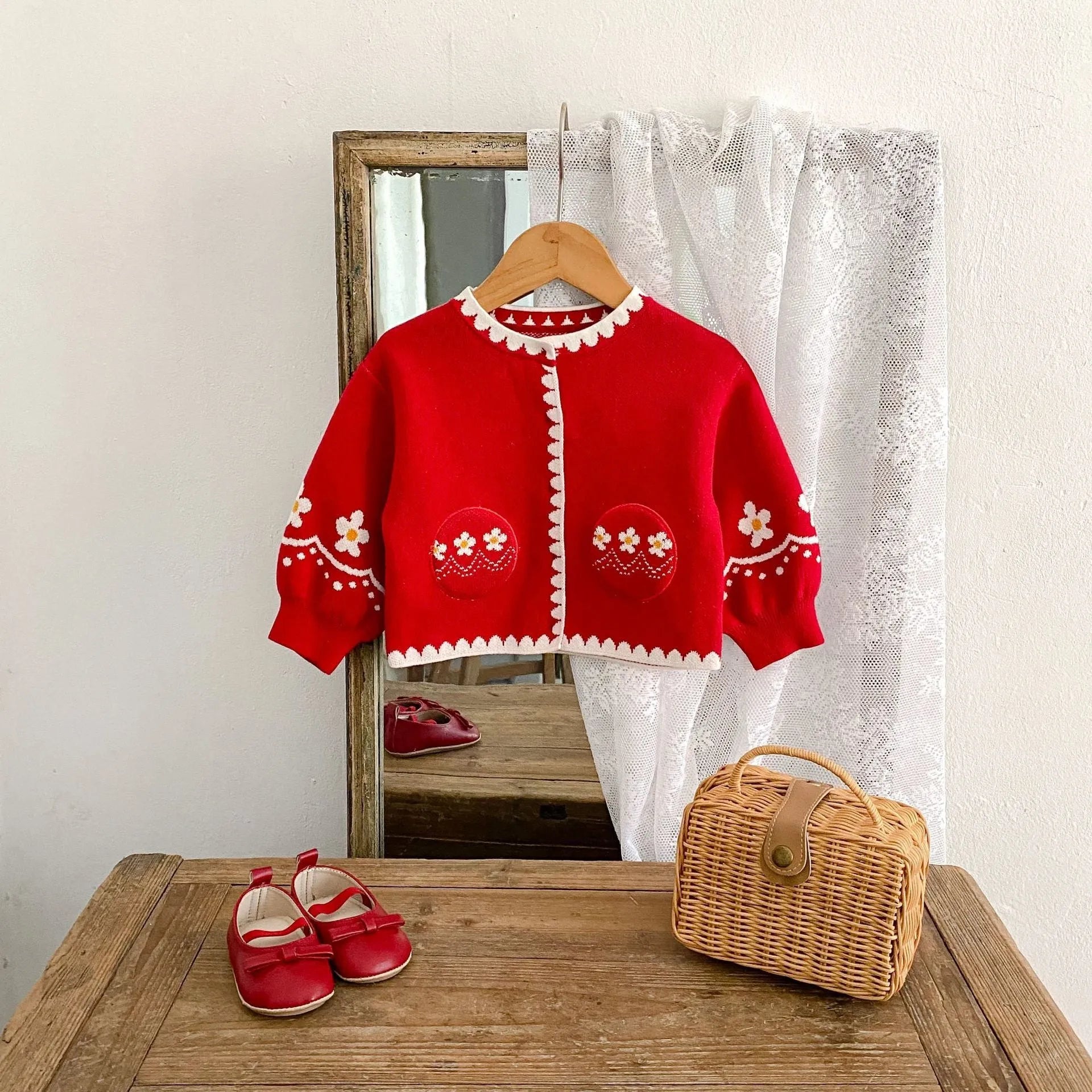 Girls cotton flower jacquard knitted cardigan in single colour, long sleeves, mid-length spring top