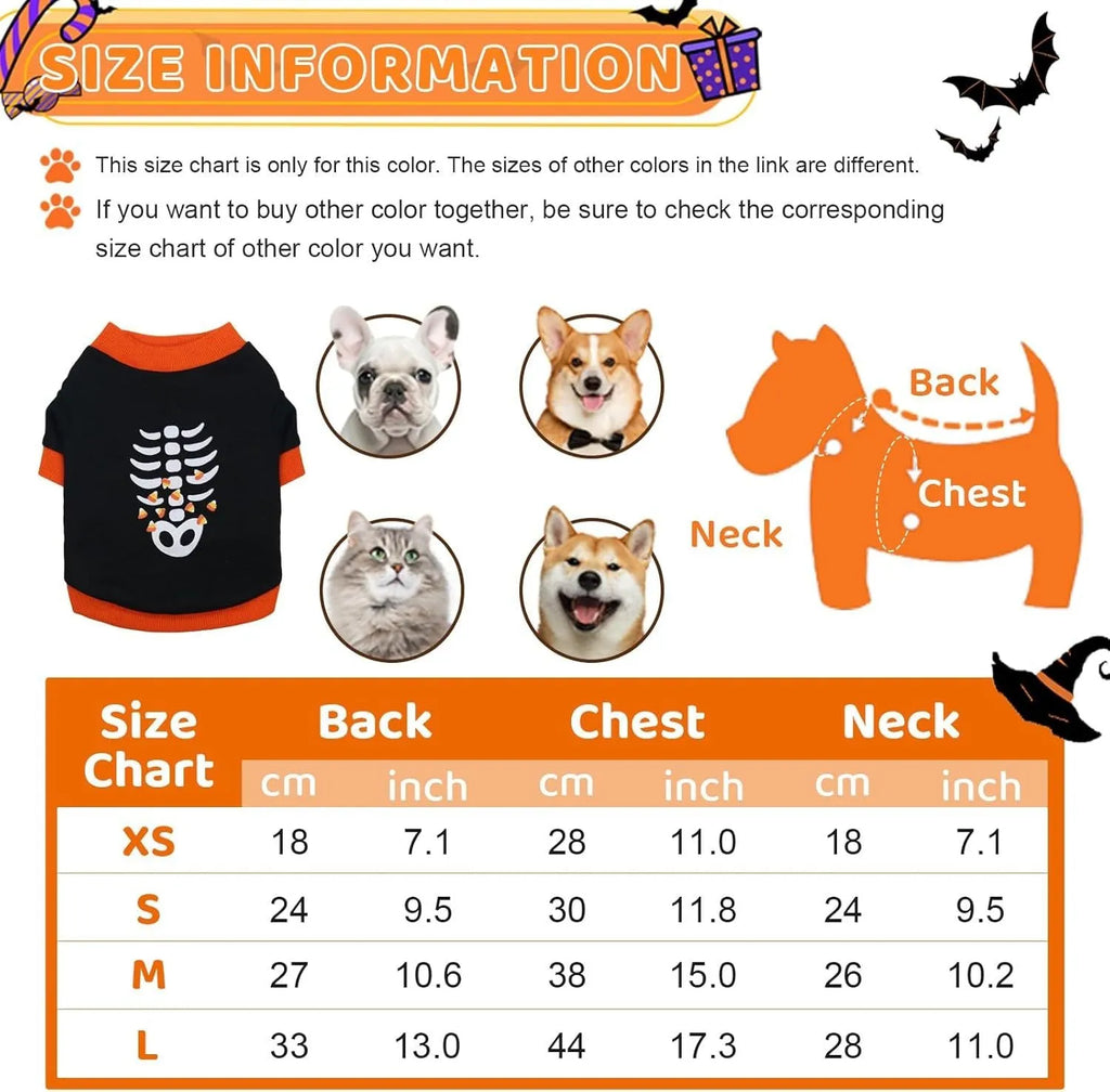Orange dog skeleton costume sweatshirt with ribbed collar on small breed dog