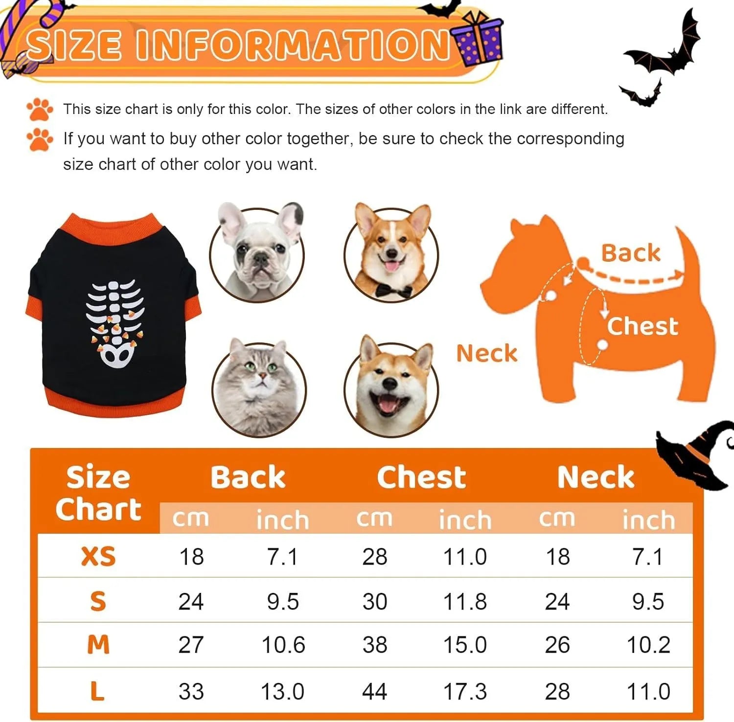 Orange dog skeleton costume sweatshirt with ribbed collar on small breed dog