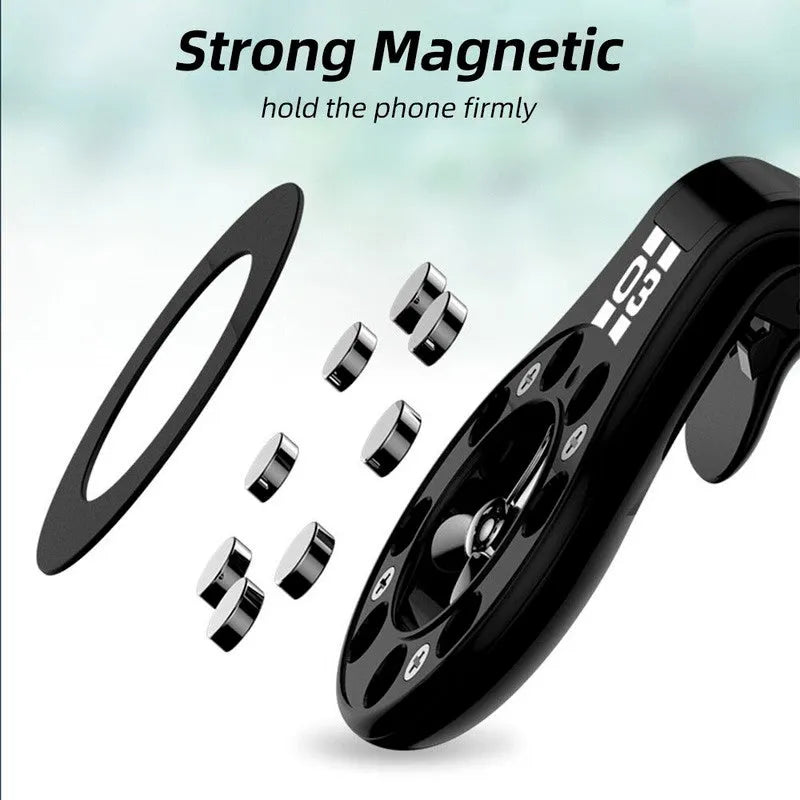 Black magnetic car phone holder mounted on a car air vent, showing 360-degree rotation and fragrance slot.