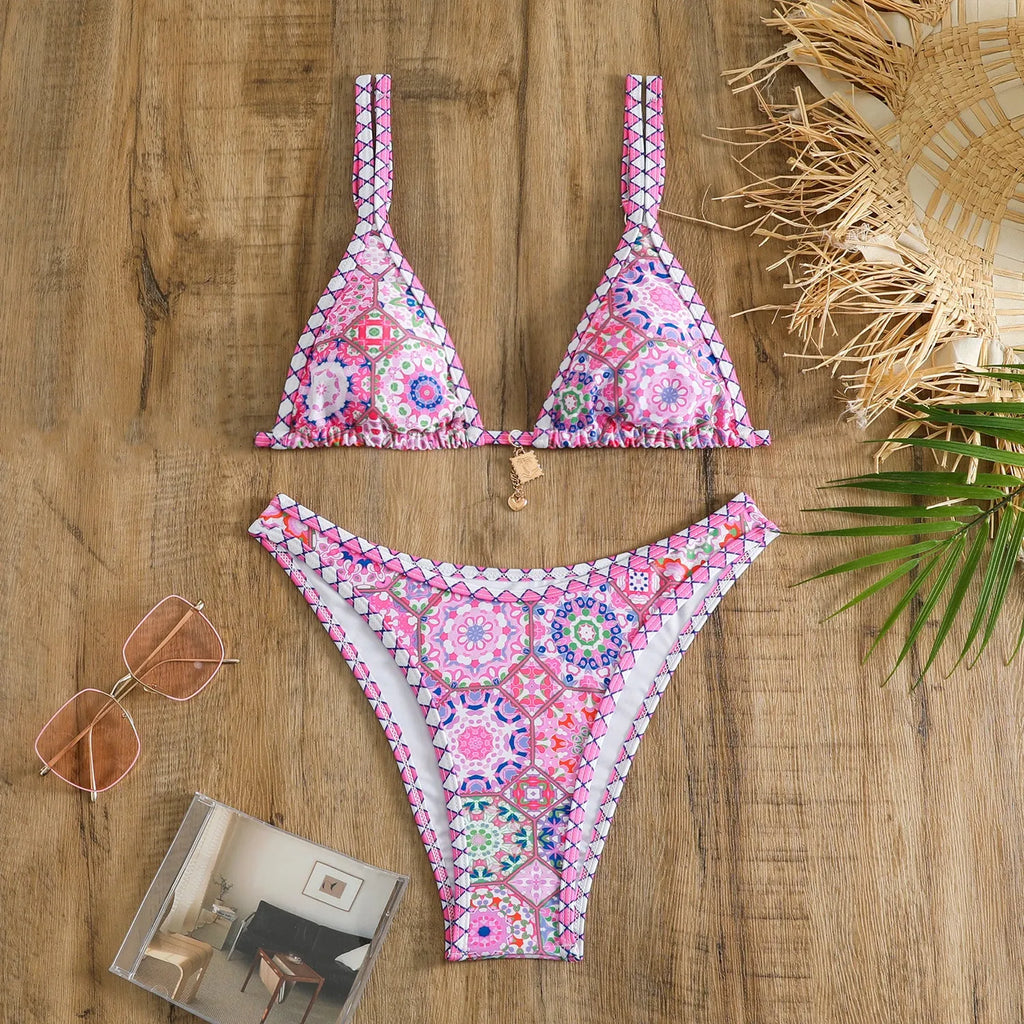 Retro printed women's bikini swimwear in orange, pink, black, and blue colour options